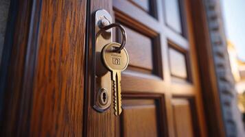 A wooden door with a brass keyhole and a brass key hanging from it, set against a blurred background of a building with a window. photo