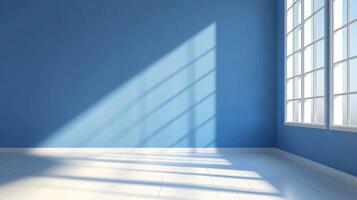 A blue room with a large window and white floor tiles, featuring a white wall with a window and sunlight casting shadows on the floor. photo