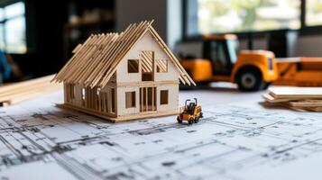 A miniature model of a house made of wooden sticks, placed on a blueprint with a forklift in the background. photo