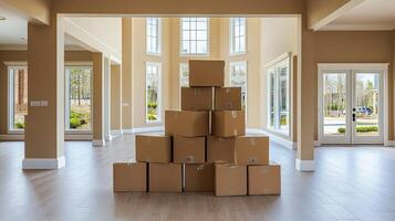 A stack of cardboard boxes in an empty room with large windows and beige walls. photo