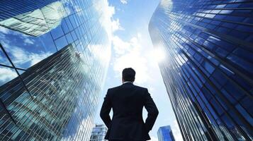 A man in a suit standing in front of two tall, reflective glass skyscrapers with a clear blue sky in the background. photo