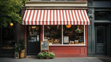 A quaint bakery with a red and white striped awning, a window display featuring baked goods, and a sidewalk bench. photo