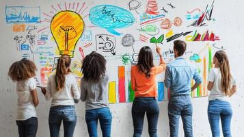 A group of six people standing in front of a colorful wall with various drawings and illustrations. photo