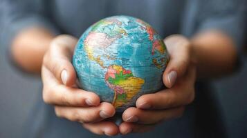 Hands holding a small globe of the Earth, with a blurred background. photo
