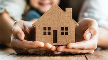 A wooden house model held by two hands in front of a blurred background. photo
