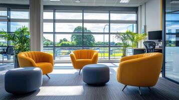 Three yellow chairs with blue ottomans in a modern office space with large windows and a view of a green field. photo