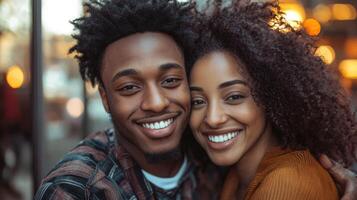 A smiling couple embracing in a cozy, dimly lit cafe with warm lighting and bokeh effect in the background. photo