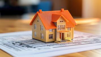 A miniature model of a house with an orange roof and yellow walls, placed on top of a blueprint with a wooden table in the background. photo