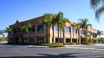 A large, multi-story office building with multiple windows and palm trees in the foreground. photo