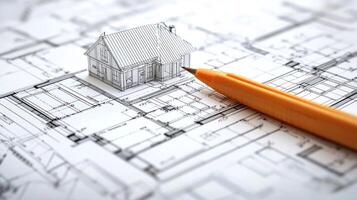 A pen lying on a blueprint with a small house model on top, set against a white background. photo