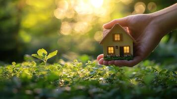 A hand holding a small house model against a green, leafy background with a blurred, golden light source in the background. photo