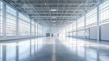 A large, empty, industrial warehouse with high ceilings and large windows, reflecting sunlight and creating a bright, open space. photo