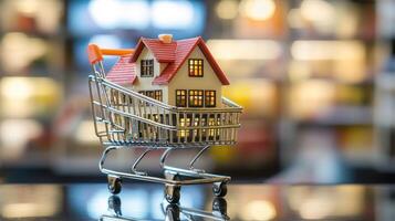 A miniature model of a house in a shopping cart, with a blurred background of a store. photo