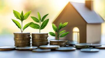 Two miniature model houses with green leaves on top, placed on a stack of coins in front of a blurred house in the background. photo