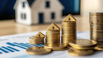 A stack of coins with a house model on a table with a graph in the background. photo