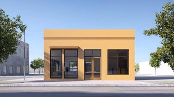A yellow building with a flat roof and large windows, situated on a street corner with trees and a clear blue sky in the background. photo