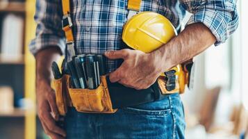 A man in a plaid shirt and jeans, holding a yellow hard hat and a tool belt with various tools, standing in a workshop with a wooden table and shelves in the background. photo