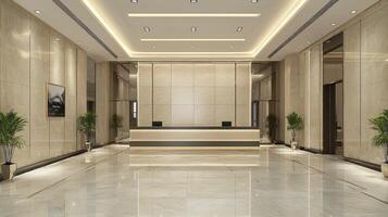 A spacious, modern lobby with a sleek, white marble floor and a large, empty reception desk in the center. photo