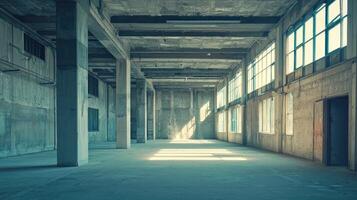 An empty, industrial warehouse with concrete walls and large windows, illuminated by natural light, with a concrete floor and exposed beams in the ceiling. photo