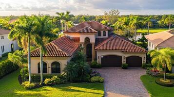 A luxurious Mediterranean-style villa with a tiled roof and palm trees in a lush, green landscape, with a driveway and a car parked in front. photo