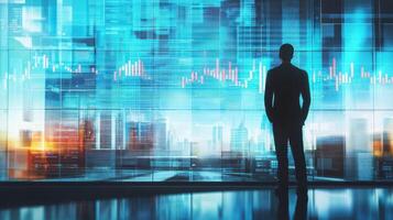 A man standing in front of a large, colorful, digital display with financial data charts and graphs. photo