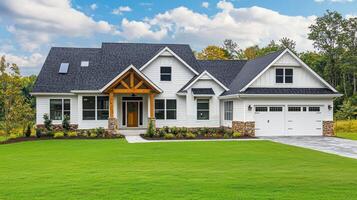 A white and black house with a green lawn in front of it, surrounded by trees and a blue sky with white clouds. photo