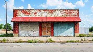 An old, abandoned storefront with peeling red and blue paint, boarded up windows, and a red awning, situated on a street with a clear blue sky and green grass in the foreground. photo