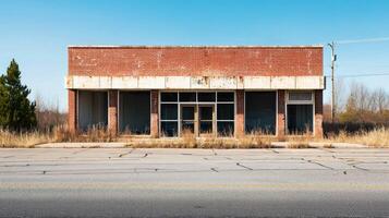 An old, abandoned brick building with a faded white sign, surrounded by overgrown grass and weeds, with a clear blue sky in the background. photo
