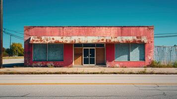 An old, red, abandoned building with boarded-up windows and a rusted metal roof, situated on a street corner with a clear blue sky in the background. photo
