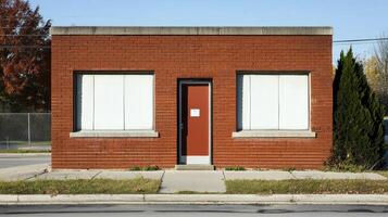 A red brick building with two large windows and a red door, set against a clear blue sky with a few clouds, with a sidewalk in the foreground and a fence and trees in the background. photo