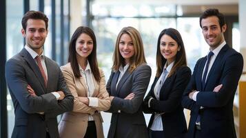 A group of five business professionals standing in an office setting, dressed in formal attire, with arms crossed, smiling, and looking directly at the camera. photo
