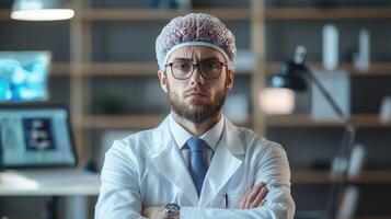 A serious-looking doctor wearing a white lab coat and a brain-shaped hairnet, standing in a cluttered office with a computer monitor and a desk lamp in the background. photo