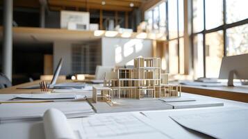 A wooden architectural model of a building with a cityscape in the background, placed on a desk with papers and a laptop. photo
