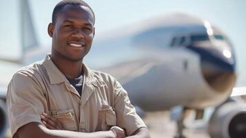A smiling African American man in a uniform stands in front of a large airplane on a sunny day. photo