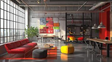 A spacious, industrial-style office with a red and black color scheme, featuring a large window, a red couch, and a black desk with a laptop on it. photo