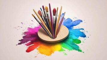 A colorful array of paintbrushes arranged on a wooden palette with a vibrant rainbow-colored splash of paint in the background. photo