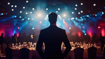 A man in a suit standing in front of a stage with colorful lights and a blurred crowd in the background. photo