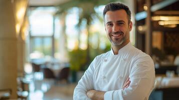 A smiling chef in a white uniform standing in a restaurant kitchen with his arms crossed, wearing a black tie, in front of a blurred background with a dining table and chairs. photo