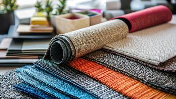 A colorful array of fabric samples, including a roll of fabric and a stack of fabric swatches, displayed on a table with a blurred background. photo