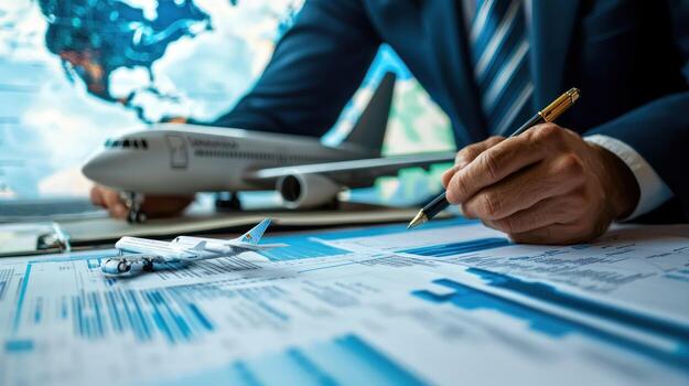 A businessman in a suit, seated at a desk, working with a model airplane on a desk with a map of the world in the background. photo