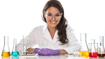 A woman in a lab coat and safety goggles, smiling, working with colorful liquids in a laboratory setting. photo