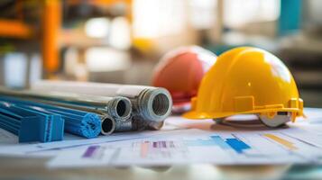 A construction site with a pile of blueprints, a roll of paper, and a pair of hard hats. photo