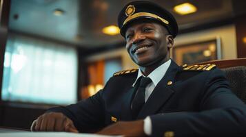 A smiling man in a uniform, seated at a desk in a professional setting. photo