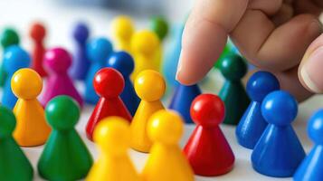 A hand pointing at a group of colorful wooden game pieces arranged in a circle on a white surface. photo