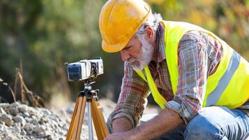 A construction worker wearing a yellow hard hat and a high-visibility vest, kneeling on a construction site, using a surveying tool to measure the ground. photo