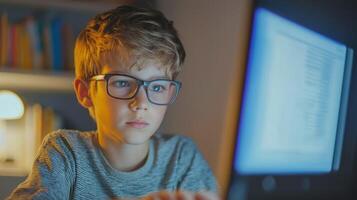 A young boy wearing glasses, sitting in front of a computer monitor, typing on a keyboard. photo