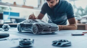 A man in a dark shirt is sketching a car on a table with a 3D model of the car in front of him. photo