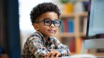 A young boy wearing glasses, sitting at a desk with a computer monitor in front of him, looking at the camera with a smile. photo