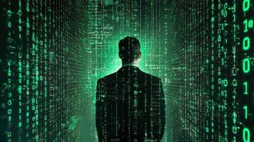 A man in a suit standing in a hallway with green binary code on the walls. photo