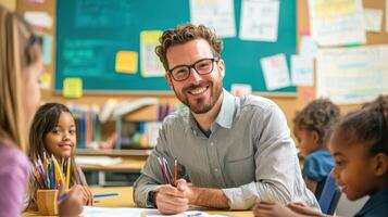 A smiling teacher with glasses and a beard, wearing a gray shirt, sitting at a desk with a blackboard in the background, surrounded by a group of children, all engaged in a classroom activity. photo